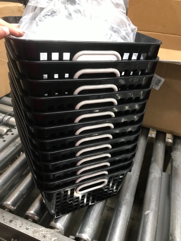 Photo 3 of Really Good Stuff - 160016BK Multi-Purpose Plastic Storage Baskets for Classroom or Home Use - Stackable Mesh Plastic Baskets with Grip Handles 13" x 10" (Black - Set of 12)