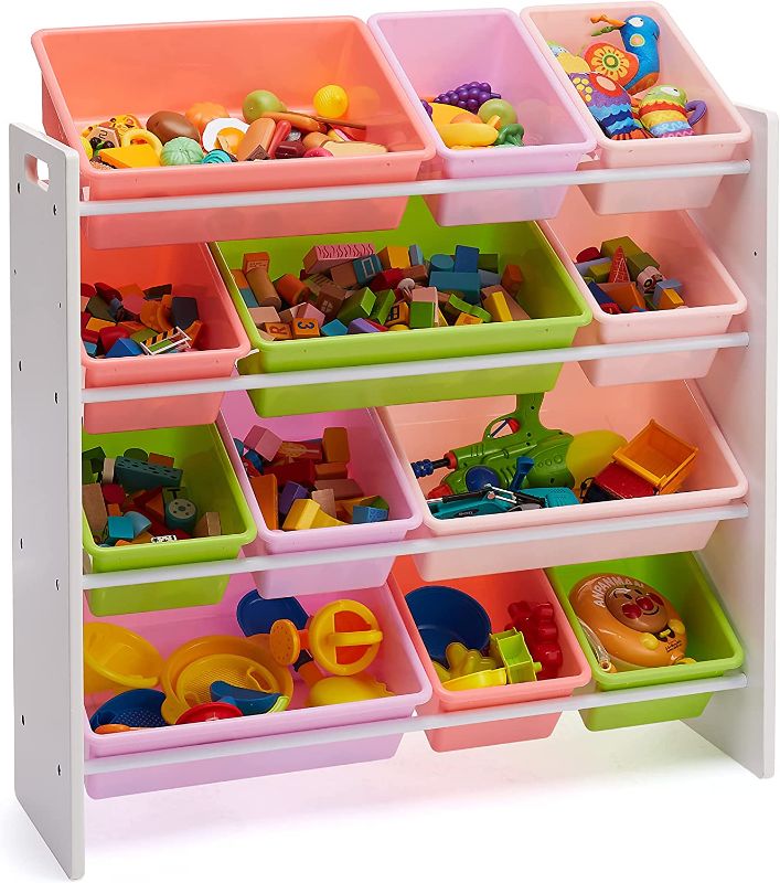 Photo 7 of Amazon Basics Kids Toy Storage Organizer with 12 Plastic Bins - White Wood with Pink Bins
