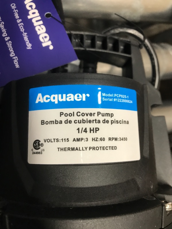 Photo 4 of *** UNABLE TO TEST *** Acquaer 1/4 HP Automatic Swimming Pool Cover Pump, 115 V Submersible Pump with 3/4” Check Valve Adapter & 25ft Power Cord, 2250 GPH Water Removal for Pool, Hot Tubs, Rooftops, Water Beds and more