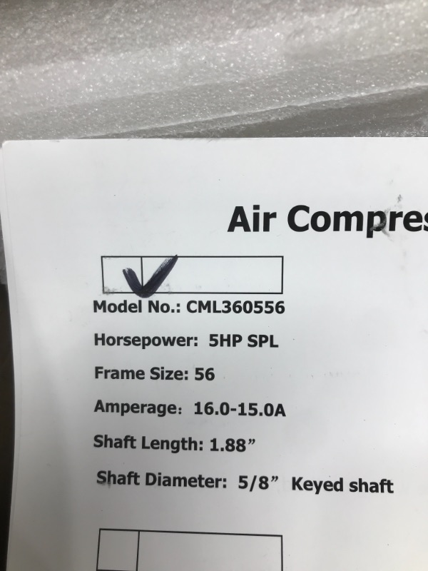 Photo 7 of 5 HP SPL 3450 RPM P56 Frame Air Compressor 60 Hz Electric Motor 208-230 Volts Century Motor Single Phase# B385 5/8" Keyed shaft 5HP SPL