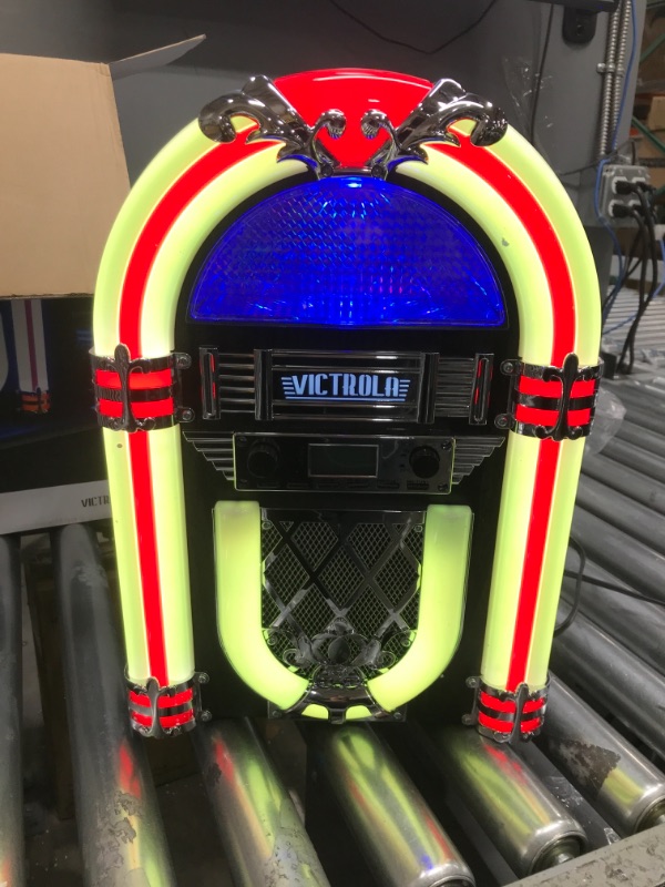 Photo 2 of *Tested* Victrola Nostalgic Wood Countertop Jukebox with Built-in Bluetooth Speaker, 50's Retro Vibe, 5 Bright Color-Changing LED Tubes, FM Radio, Wireless Music Streaming, AM/FM Radio, Aux Input