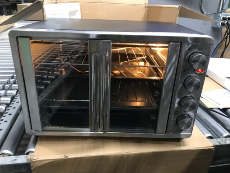 Photo 2 of *Tested* Elite Gourmet ETO-4510M French Door 47.5Qt, 18-Slice Convection Oven 4-Control Knobs, Bake Broil Toast Rotisserie Keep Warm, Includes 2 x 14" Pizza Racks, Stainless Steel Stainless Steel and Black 18-Slice, 45L With Rotisserie and Convection