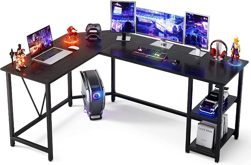 Photo 1 of GreenForest L Shaped Gaming Desk with Storage Shelves, 66 inch Modern Long L Computer Corner Desk for Home Office PC Workstation Space Saving Space, Black
