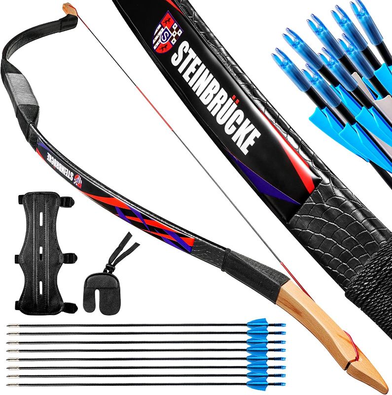 Photo 1 of 58” Traditional Wooden Hunting Longbow - Recurve Bow and Arrow Set with Super Durable Limbs and Riser, Right Handed Archery Bow for Adults, Bowhunters and Enthusiasts Hunting, Target shooting, Survival