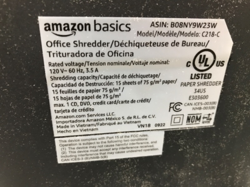 Photo 4 of Amazon Basics 15-Sheet Cross Cut Paper Shredder and Credit Card CD Shredder with 6 Gallon Bin 15 Sheet - new model Shredder