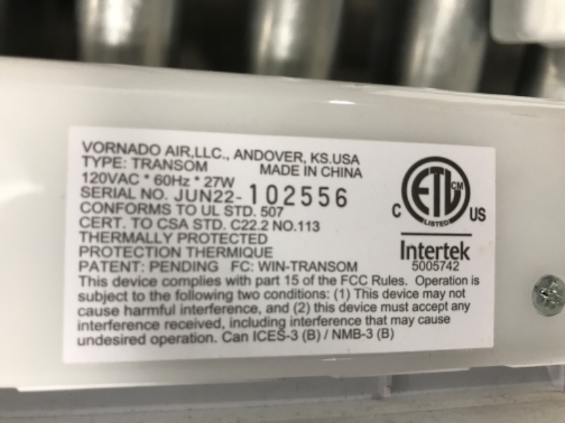 Photo 3 of ***TESTED POWER ON***Vornado TRANSOM Window Fan with 4 Speeds, Remote Control, Reversible Exhaust Mode, Weather Resistant Case, Whole Room, Ice White