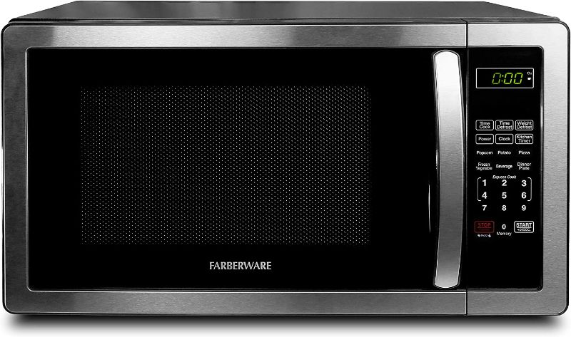 Photo 1 of Farberware Countertop Microwave 1.1 Cu. Ft. 1000-Watt Compact Microwave Oven with LED lighting, Child lock, and Easy Clean Interior, Stainless Steel Interior & Exterior
