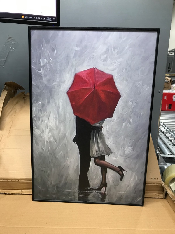 Photo 2 of 16.5'' x 24in''  Lovers Canvas Wall Art-Couple Kissing in Rain with Red Umbrella Artwork Romantic Painting for Living Room Bedroom Bathroom Wall Decor,Stretched and Framed Ready to Hang