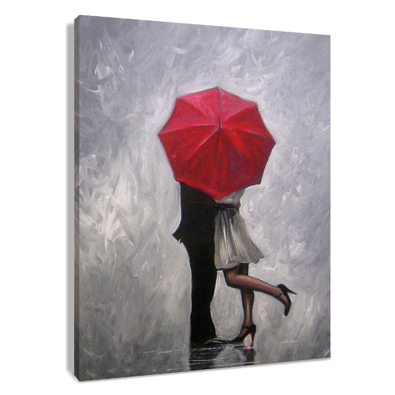 Photo 1 of 16.5'' x 24in''  Lovers Canvas Wall Art-Couple Kissing in Rain with Red Umbrella Artwork Romantic Painting for Living Room Bedroom Bathroom Wall Decor,Stretched and Framed Ready to Hang