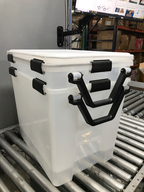 Photo 2 of ***DAMAGE TO ONE LID****  IRIS USA 103 Quart WEATHERPRO Plastic Storage Box with Durable Lid and Seal and Secure Latching Buckles, Weathertight, Clear with Black Buckles, 2 Pack 103 Qt. -2 Pack