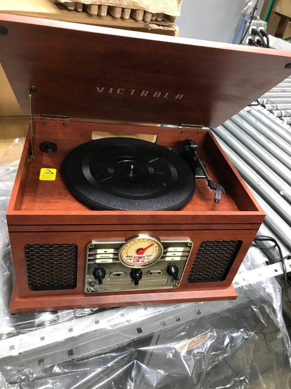 Photo 2 of Victrola Nostalgic 6-in-1 Bluetooth Record Player & Multimedia Center with Built-in Speakers - 3-Speed Turntable, CD & Cassette Player, FM Radio | Wireless Music Streaming | Mahogany Mahogany Entertainment Center