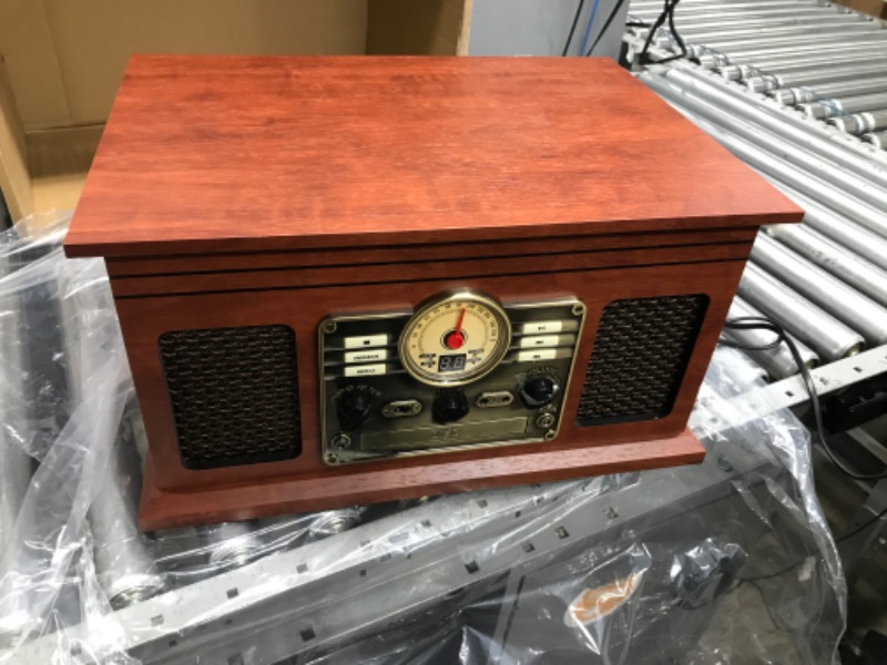 Photo 3 of Victrola Nostalgic 6-in-1 Bluetooth Record Player & Multimedia Center with Built-in Speakers - 3-Speed Turntable, CD & Cassette Player, FM Radio | Wireless Music Streaming | Mahogany Mahogany Entertainment Center