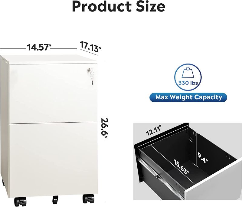 Photo 1 of DEVAISE 2-Drawer Mobile File Cabinet with Lock, Commercial Vertical Cabinet, White