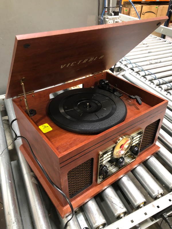 Photo 2 of Victrola Nostalgic 6-in-1 Bluetooth Record Player & Multimedia Center with Built-in Speakers - 3-Speed Turntable, CD & Cassette Player, FM Radio | Wireless Music Streaming | Mahogany Mahogany Entertainment Center