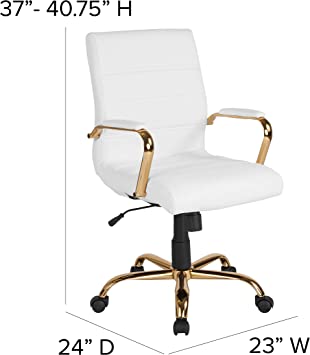 Photo 1 of Flash Furniture Whitney Mid-Back Desk Chair - White LeatherSoft Executive Swivel Office Chair with Gold Frame - Swivel Arm Chair Mid Back White Leathersoft/Gold Frame