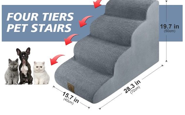 Photo 1 of 4 Tiers High Density Foam Dog Stairs Pet Stairs Ramps,16'' Wide Large Non-Slip Dog Ladder Steps for Indoor High Bed Sofa,Up to 60 lbs,Help Older Injured Pets-1Free Lint Roller with 2 pcs Refills
