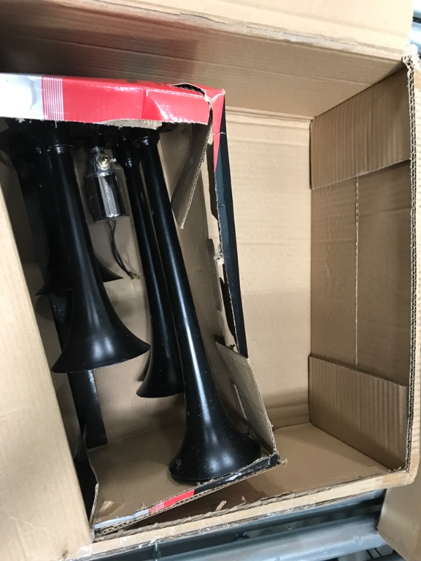 Photo 2 of Missing compressor *** VEVOR 150DB Train Horns Kit for Trucks Super Loud with 120 PSI 12V Air Compressor 4 Trumpet Air Horn Compressor Tank For Any Vehicle Trucks Car Jeep Or SUV (Black)