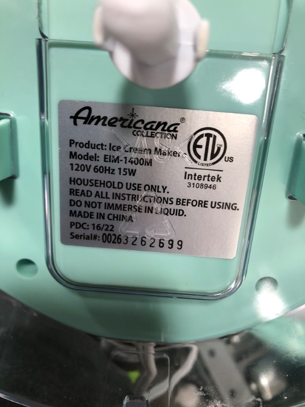 Photo 1 of Americana EIM-1400M 1.5 Qt Freezer Bowl Automatic Easy Homemade Electric Ice Cream Maker, Ingredient Chute, On/Off Switch, No Salt Needed, Creamy Ice Cream, Gelato, Frozen Yogurt, Sorbet, Recipe Book Motor 1.5 Quart Mint
