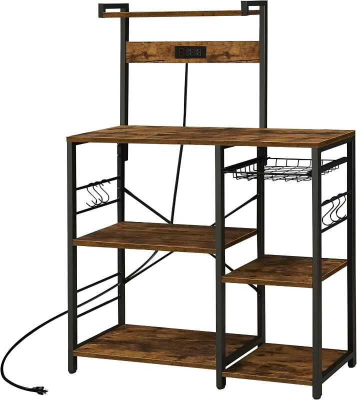 Photo 1 of ***MISSING PLUG***  SUPERJARE Bakers Rack with Power Outlet, Microwave Stand, Coffee Bar with Wire Basket, Kitchen Storage Rack with 6 S-Hooks, Kitchen Shelves for Spices, Pots and Pans - Vintage Brown
