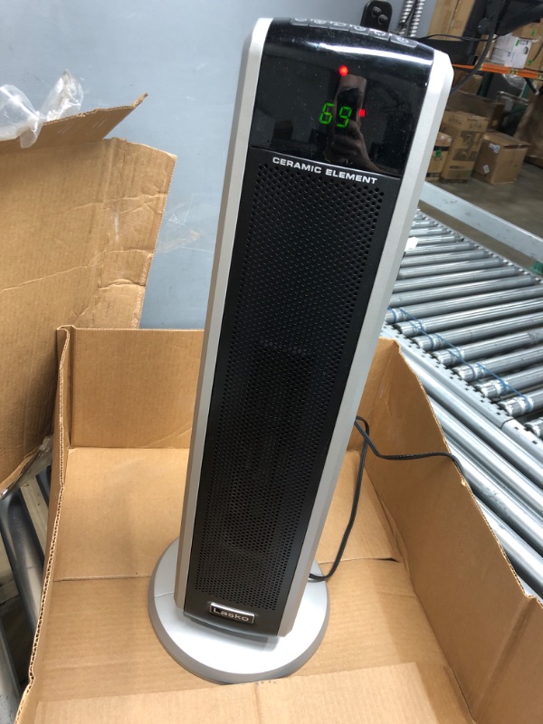 Photo 2 of ****MISSING REMOTE****   Lasko 29” Ceramic Tower Heater for Large Rooms, Whole Room Heating with Oscillation, Overheat Protection, Digital Display, Timer, Remote Control, 1500W, Black, 5586

