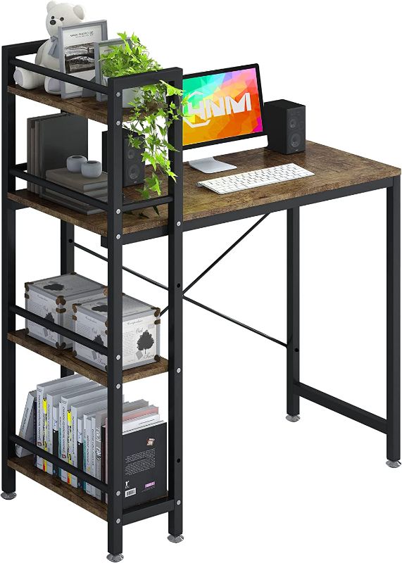 Photo 1 of 4NM 47''l Computer Desk with 4-Tier Bookshelf, Home Office Desk Writing Workstation Study Table Multipurpose for Small Space Work - Rustic Brown and Black
