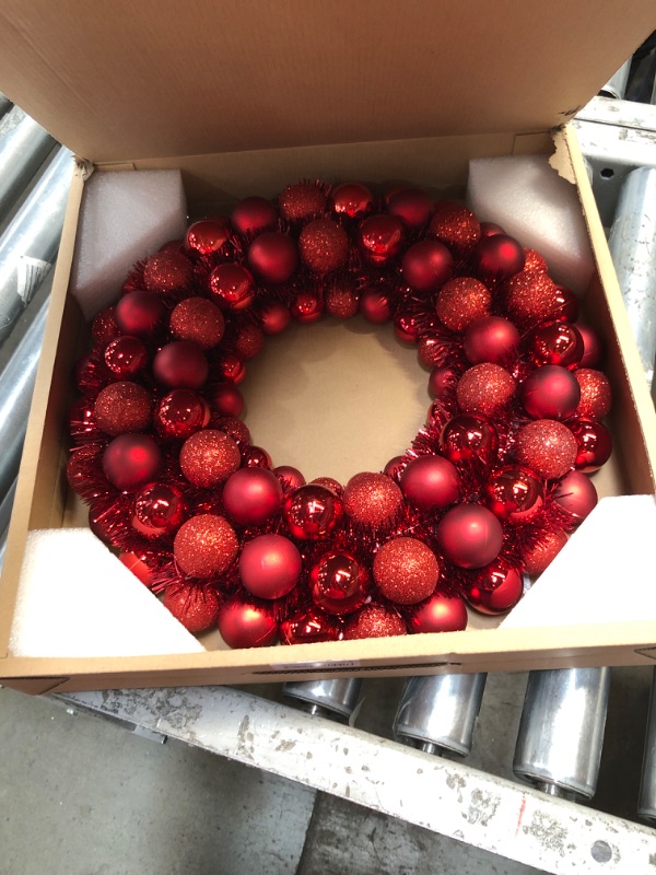 Photo 1 of 16 Inch Christmas Ball Wreath Home Party Decors Xmas Front Door Decorative Hanging Christmaswreaths Ball Ornaments Red