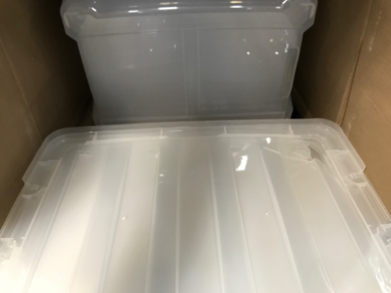 Photo 2 of  6 pack - Clear, Durable Stackable Nestable Organizing Tote Tub Box Sports General Organization Garage Large   2 damaged lids