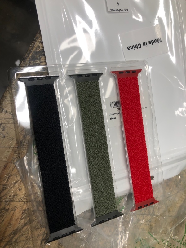 Photo 2 of 3 Pack Sport Bands Compatible with Apple Watch Band 38mm 40mm 41mm 42mm 44mm 45mm, Braided Elastic Women and Men Solo Loop Sport Strap Compatible for iWatch Series7 6 5 4 3 2 1 SE 42mm/44mm/45mm S Black + Red + Green