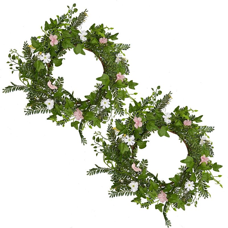 Photo 1 of 20 inch Artificial Wreath, Long terust 2 PCS Farmhouse Eucalyptus Wreath Decoration for Spring Front Door Home Window Decor Outside with Leaves Flowers
