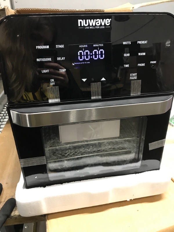 Photo 3 of *Tested-Minor Damage-See Last Photo* NUWAVE Brio Air Fryer Smart Oven, 15.5-Qt X-Large Family Size, Countertop Convection Rotisserie Grill Combo, SS Rotisserie Basket & Skewer Kit, Reversible Ultra Non-Stick Grill Griddle Plate Included 15.5-Quart Black A