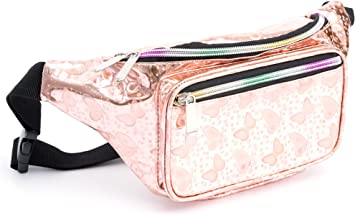 Photo 1 of Holographic Shiny Butterfly 80s 90s Rave Striped Render Shiny Stars Fanny Pack - Girls Cute Fashion Waist Bag Belt Bags for the Party, Festival Travel - Rose Gold Butterfly
