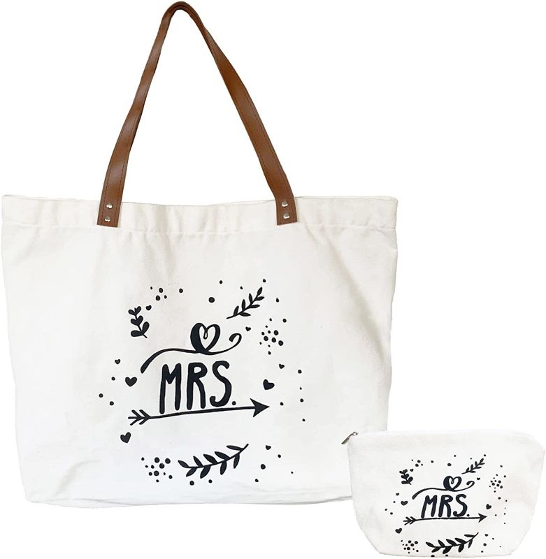 Photo 2 of Future Mrs Bride Tote Bag with Makeup Bag - Engagement Bridal Shower Bride Wedding Gifts, Canvas Travel Shoulder Bag, White
