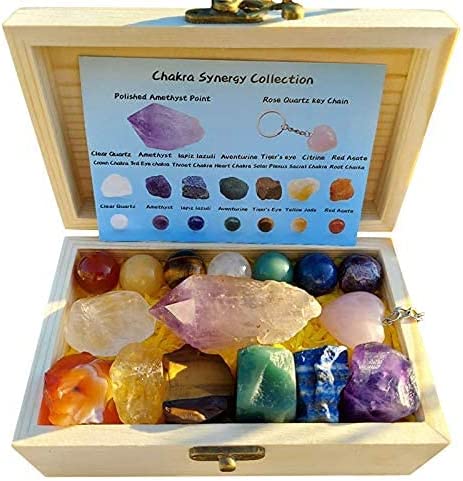 Photo 3 of TESH CARE Chakra Synergy Premium Healing Crystal Collection, 7 Chakra Healing Spheres, 7 Chakra Raw Stones, 1 Large 3" Amethyst Wand, 1 Rose Quartz Key Chain, Guide, Meditation, Spirituality
