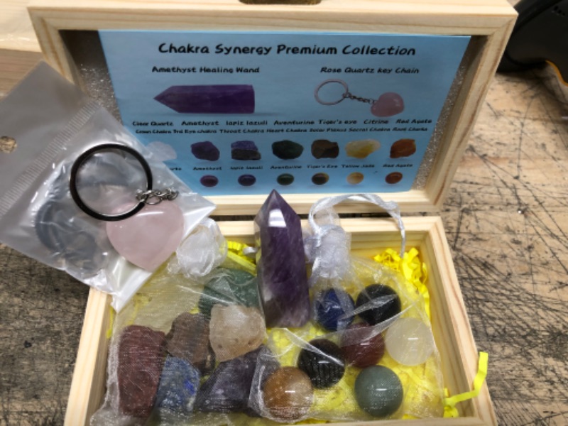 Photo 2 of TESH CARE Chakra Synergy Premium Healing Crystal Collection, 7 Chakra Healing Spheres, 7 Chakra Raw Stones, 1 Large 3" Amethyst Wand, 1 Rose Quartz Key Chain, Guide, Meditation, Spirituality
