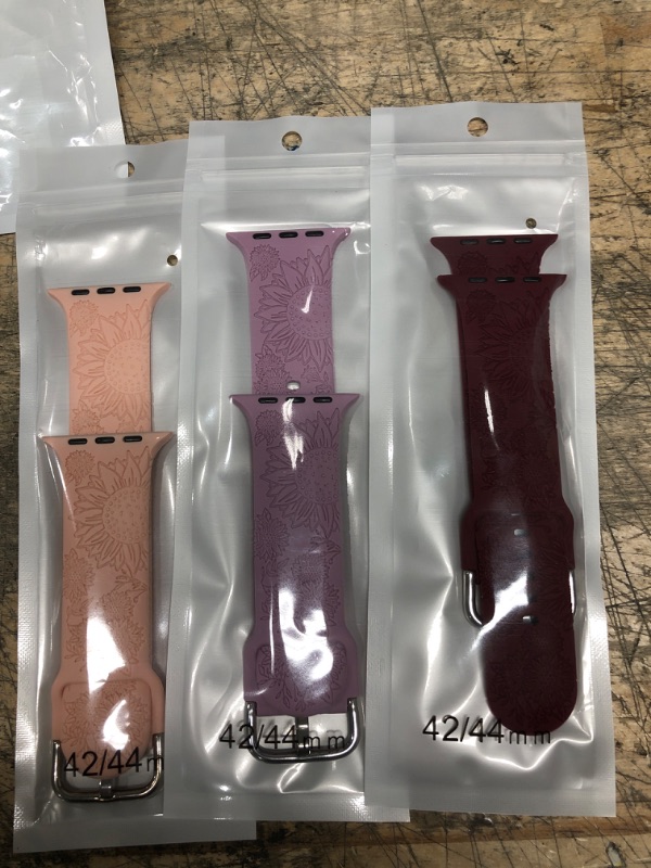 Photo 2 of ?3Pack?REALSIGN Sunflower Engraved Silicone Band Compatible With Apple Watch 38mm 40mm 41mm for Women Men?Flower Laser Printed Soft Silicone Sport Wristbands Replacement Strap with Classic Clasp for iWatch Series SE 7 6 5 4 3 2 1 Lavender Purple + Burgund