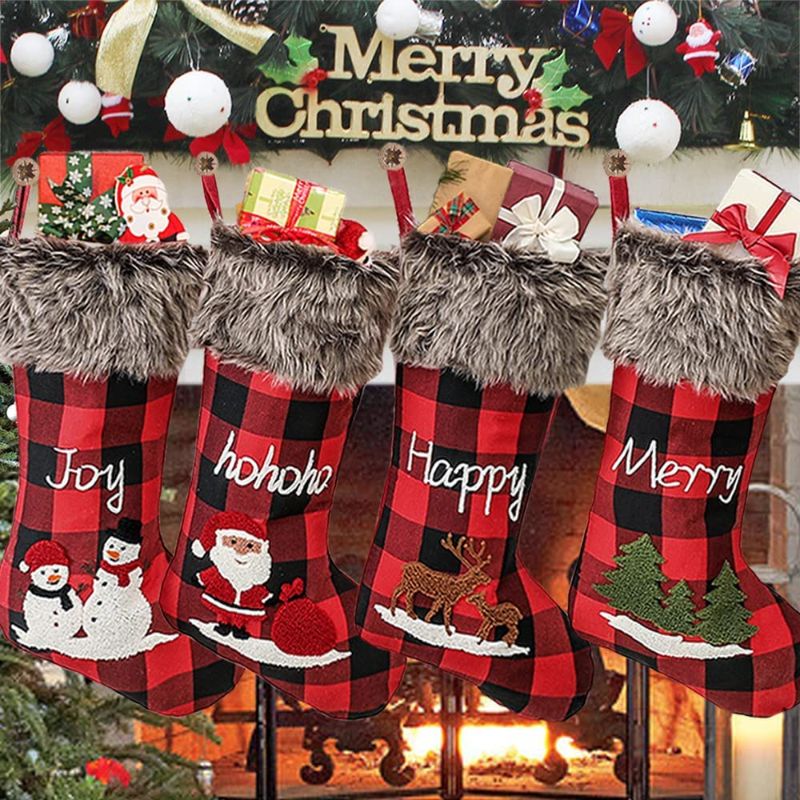 Photo 1 of AtRenty Christmas Stockings Large 18 inches 4 Pcs Kits - Xmas Stockings Burlap with Large Plaid and Plush Faux Fur Cuff for Family Holiday Party Decorations
