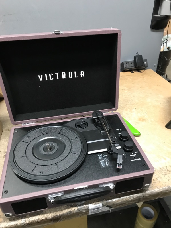 Photo 4 of ***non functional ***Victrola Vintage 3-Speed Bluetooth Portable Suitcase Record Player with Built-in Speakers | Upgraded Turntable Audio Sound| Includes Extra Stylus | Magenta, Model Number: VSC-550BT-MAG Magenta Record Player