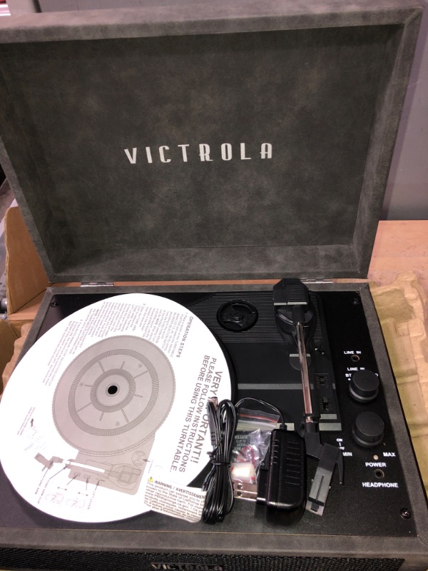 Photo 1 of Victrola Vintage 3-Speed Bluetooth Portable Suitcase Record Player with Built-in Speakers | Upgraded Turntable Audio Sound| Includes Extra Stylus | Lambskin (VSC-580BT-LGR)
