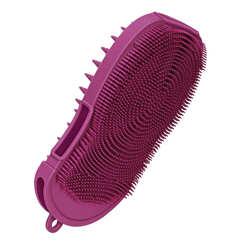 Photo 1 of  HEETA Silicone Body Scrubber and Hair Shampoo Brush, 2 in 1 Upgrade Scalp Massager Exfoliating Brush for Skin and Scalp Care - Silicone Loofah with Gentle Massage Nodes, Lathers Well (Purple)
