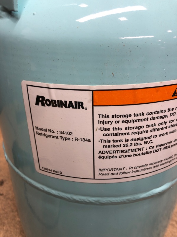 Photo 3 of Robinair (34102) Refrigerant Tank for R-134a, refrigerant not included - 30 lbs. , Light Blue, --CHIPPED PAINT ON BOTTOM --