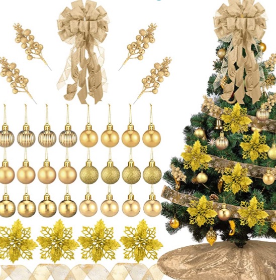 Photo 1 of 111 Pcs Christmas Tree Decoration Xmas Ornaments with Sequin Christmas Tree Skirt Xmas Balls Ornament Artificial Berry Stems Large Christmas Tree Topper Bow Glitter Flowers Snowflake Ribbon (Gold)