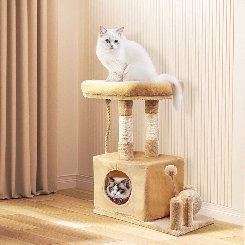 Photo 1 of Cat Tree Condo,27.5 Inches Cat Towers,Plush Perch Sisal Scratching Posts,Kitty Toys & Fluffy Balls,Indoor Kitten Activity Center Play House,Beige Cat Tower