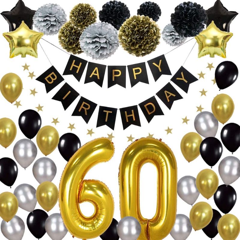 Photo 1 of 60th Happy Birthday Party Supplies Kit, (47pcs) - Silver, Black and Gold – 60th Birthday Decorations (Helium Balloons, Banner & Paper Flowers) - for Men, Women, Boys & Girls
