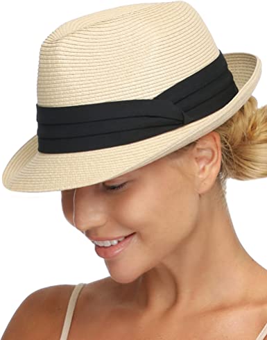 Photo 1 of FURTALK Fedora Straw Sun Hat for Men Women Foldable Roll Up Short Brim Trilby Hat Panama Beach Hat UPF 50+
