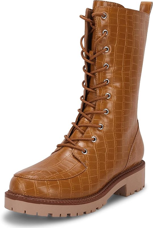 Photo 1 of Coutgo Womens Mid Calf Lace Up Boots Lug Sole Closed Toe Side Zipper Military Winter Combat