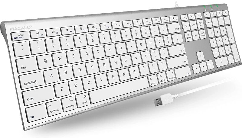 Photo 1 of Macally Ultra Slim USB Wired Computer Keyboard - Compatible Apple Keyboard or Windows - Full Size Keyboard with 20 Mac Keyboard Keys -with Numeric Keypad - Silver Aluminum Finish
