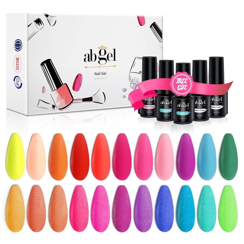 Photo 1 of ab gel Neon Nail Polish,22 Pcs Color Gel Nail Polish Set,Yellow,Orange,Red,Purple,Glitter UV Gel Nail Polish,Base and Top Coat Gel Nail Polish
