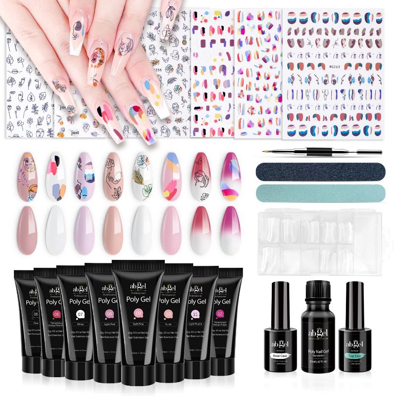 Photo 1 of ab gel poly gel nail kit, 8 Colors poly gel with Butterfly Nail Art Stickers Slip Solution Top Coat Base Coat Dual Forms, 15ml Professional Crystal Poly gel starter kit Clean Pink and White
