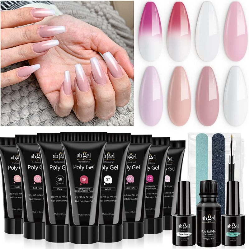 Photo 1 of ab gel Poly Gel Nail Kit, 8 Colors poly gel nail kits starter kit with Slip Solution Top Coat Base Coat Dual Forms, 15ml Professional Crystal Poly gel Clean Pink and White