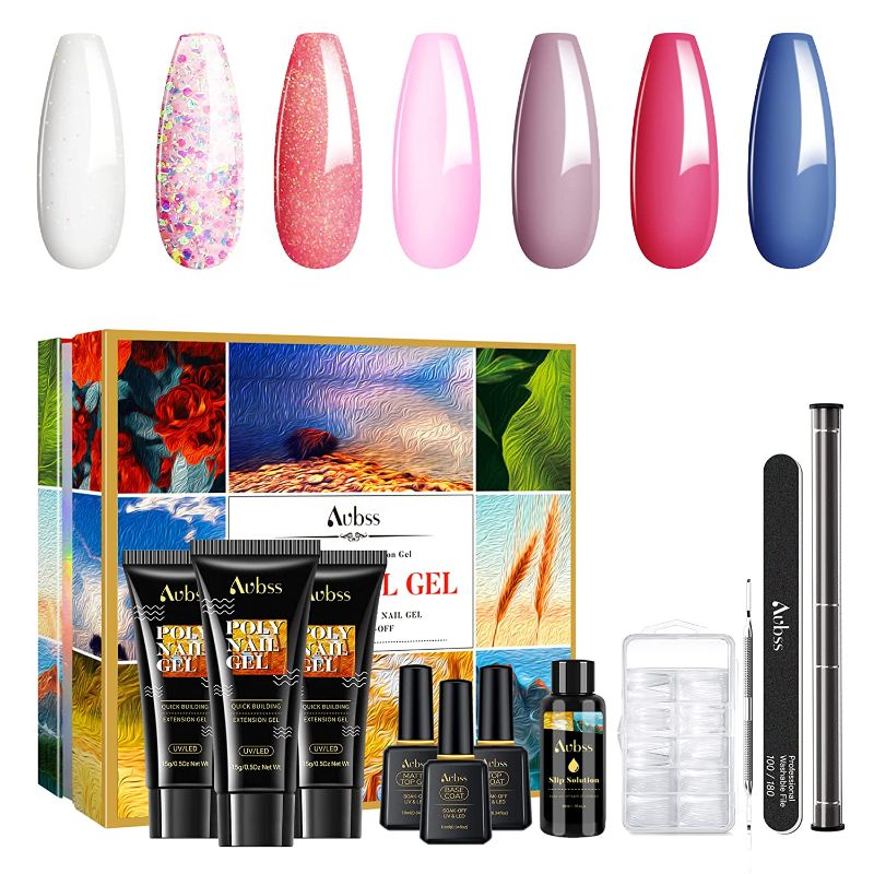 Photo 1 of *COLORS VARY*- Poly Gel Nail Kit, Aubss 7 Colors Poly Nails Extension Gel Kit with 0.5Oz Glitter Pink Poly Gel, Poly Nail Gel Kit Builder with Slip Solution, Nail Dual Form for Beginner All-in-One DIY Kit at Home